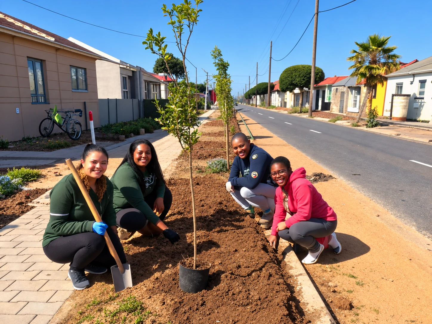 Volunteers collaborating outdoors on a local tree planting community project