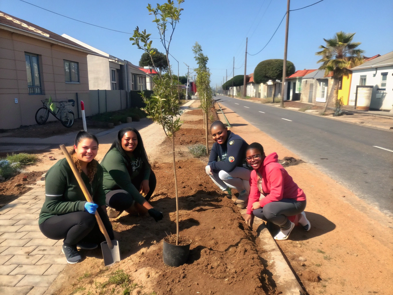Volunteers collaborating outdoors on a local tree planting community project