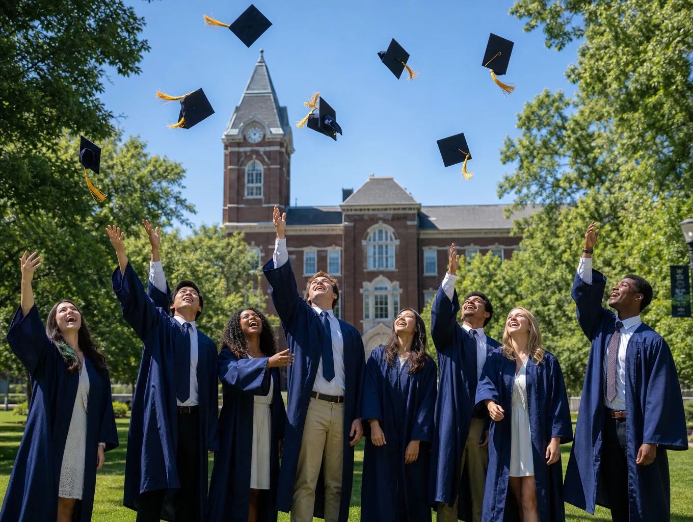 Annang students celebrating academic achievement in graduation caps