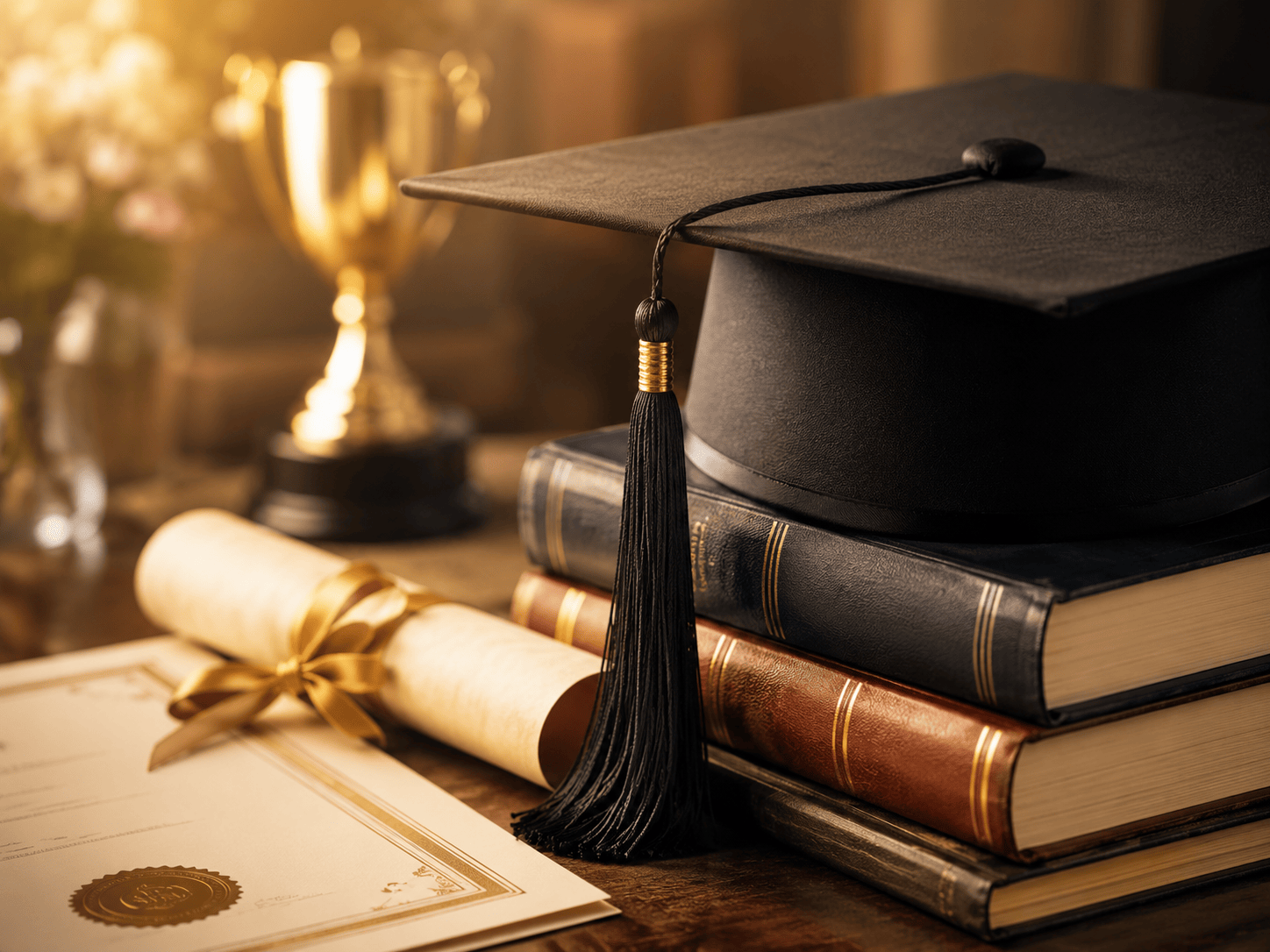 Graduation cap and educational books for scholarship ceremony
